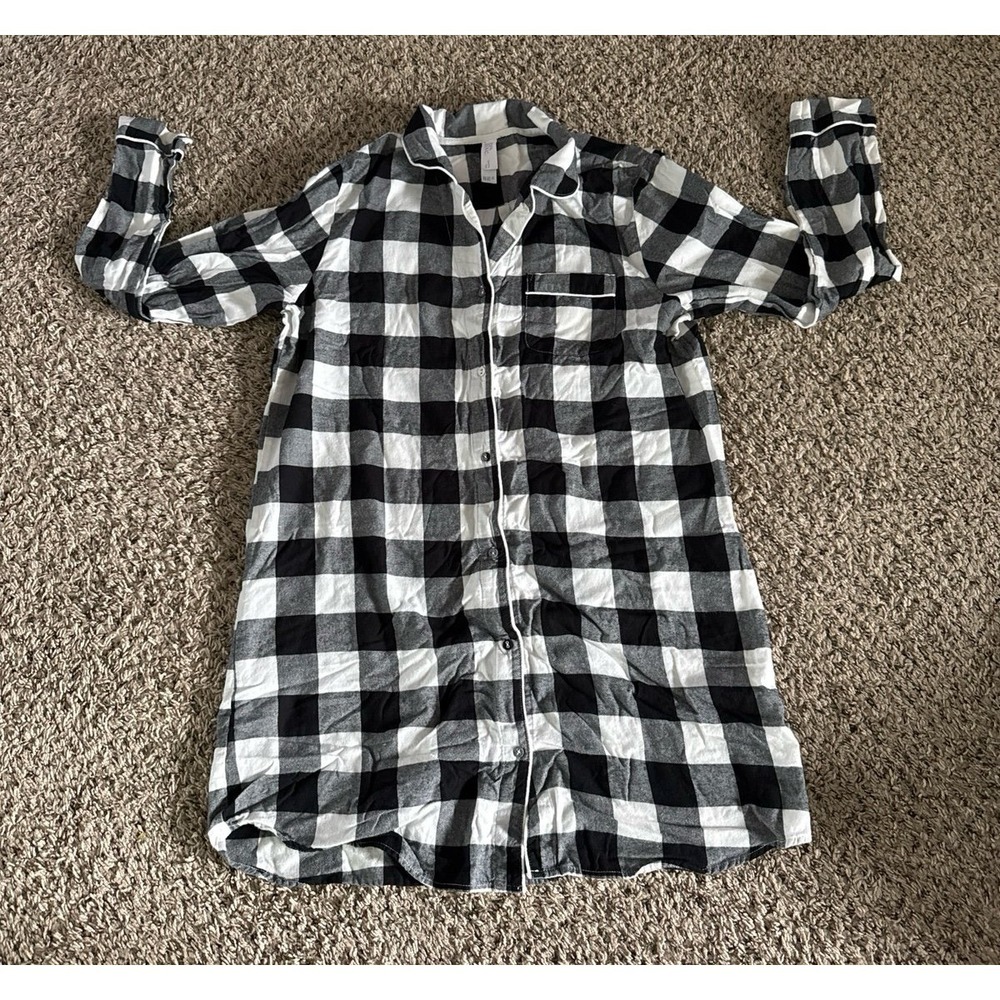 Star above Women's Black White Checker Long Sleeve Nightgown Size Medium